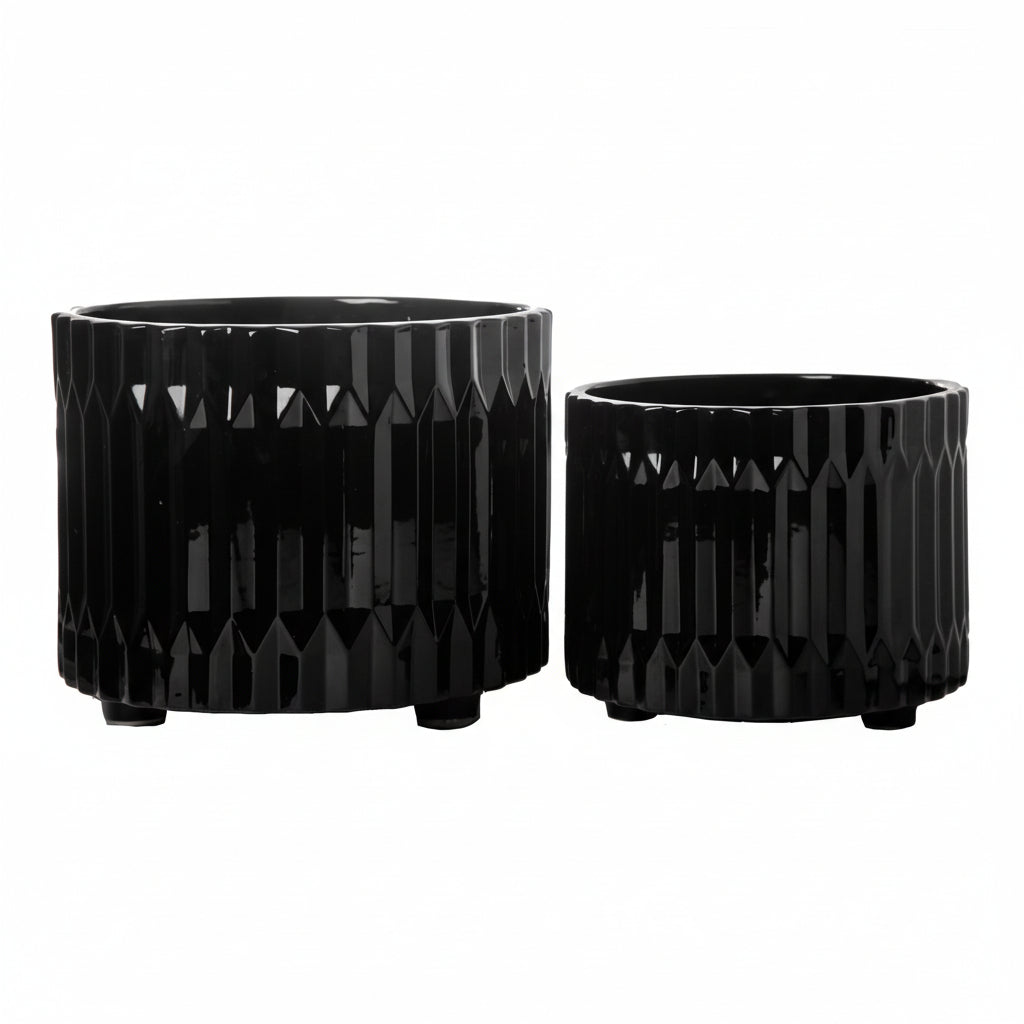 Chiara Ceramic Round Pots with Embossed Geometric Spike Pattern (Set of 2)