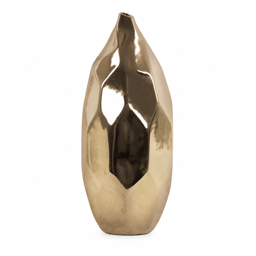 A ceramic round bellied vase with polished chrome finish and irregular lips.