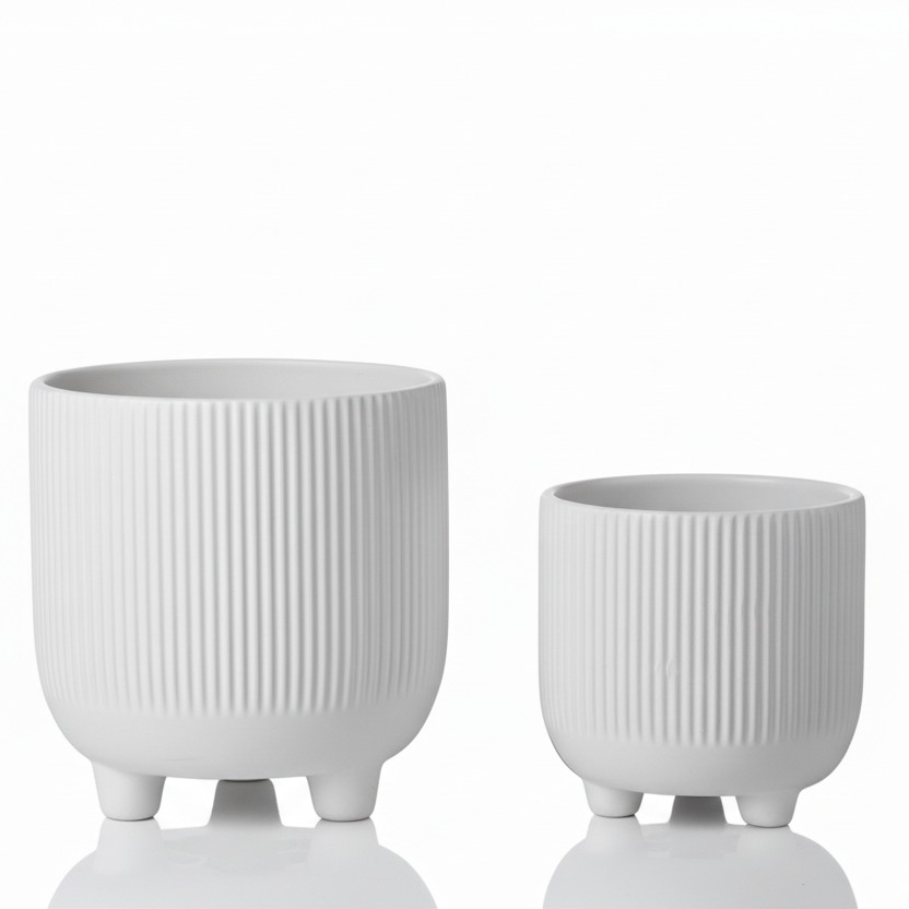 Vanya Ceramic Corrugated Pot on Tripod Stand (Set of 2)