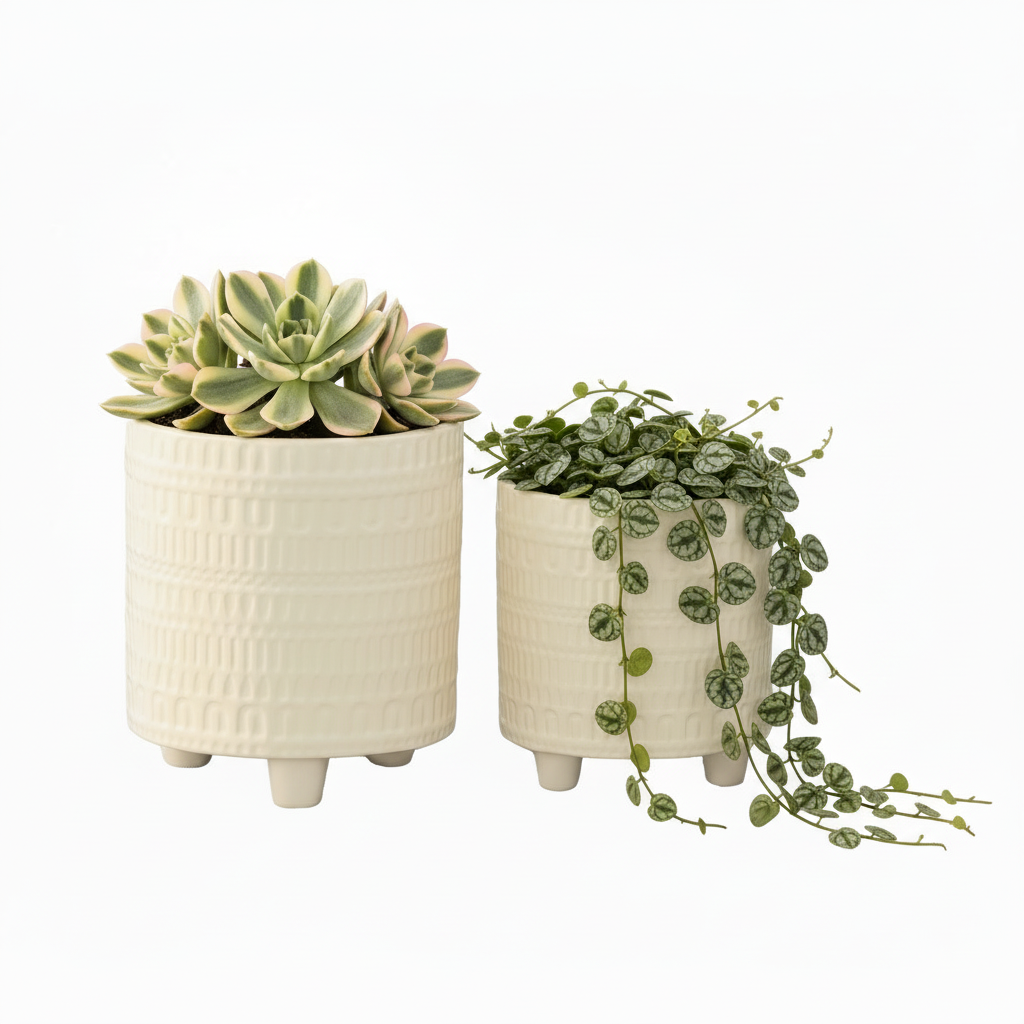 Zelie Tribal Pattern Ceramic Pots on Tripod Stand (Set of 2)
