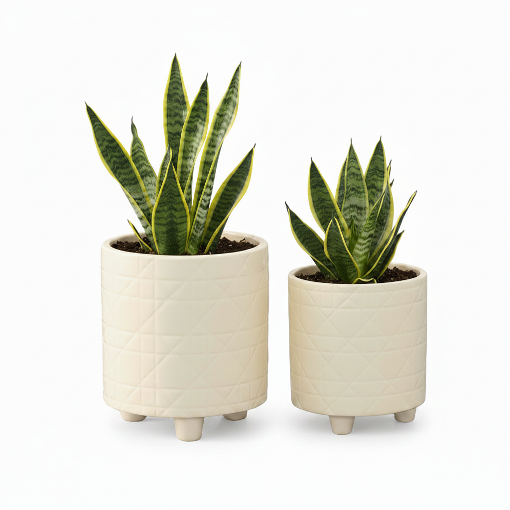 Kiri Cream Ceramic Planter Pots with Geometric Pattern & Tripod Stand (Set of 2)