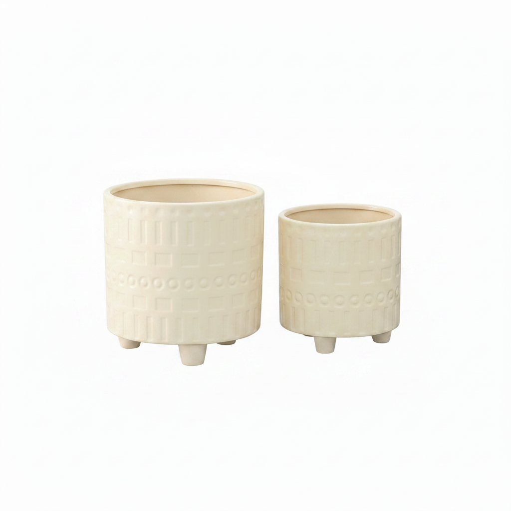 Citra Cream Ceramic Planter Pots with Contrasting Pattern & Tripod Stand (Set of 2)