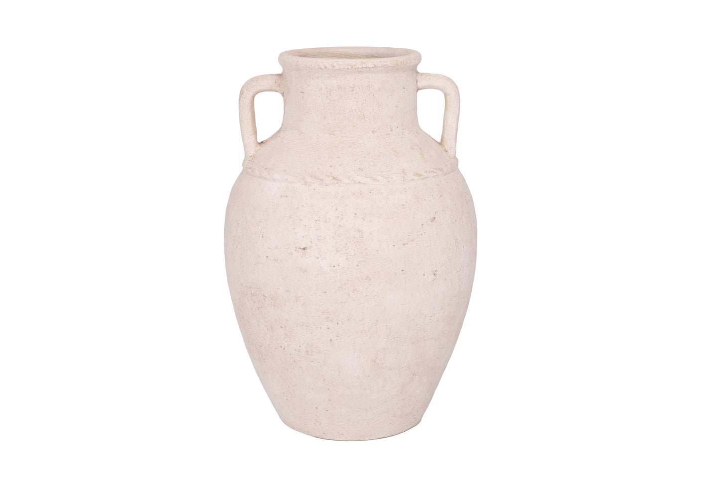 A beige terracotta vase with a classic shape and a handle on each side, against a white background.