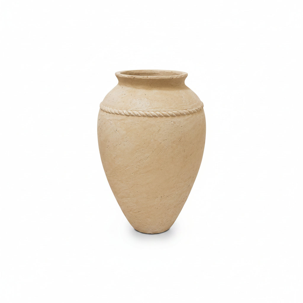 A light beige ceramic vase with a textured matte finish, featuring a narrow neck and a decorative rope-like band around the upper half, set against a plain white background.