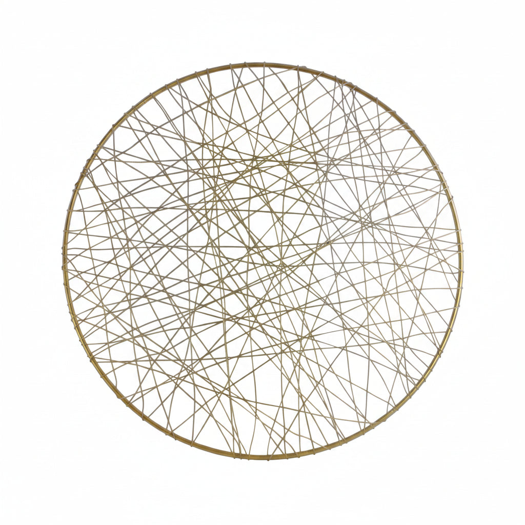 A circular metal wall art with a geometric abstract lines design in a metallic finish, predominantly gold in color.