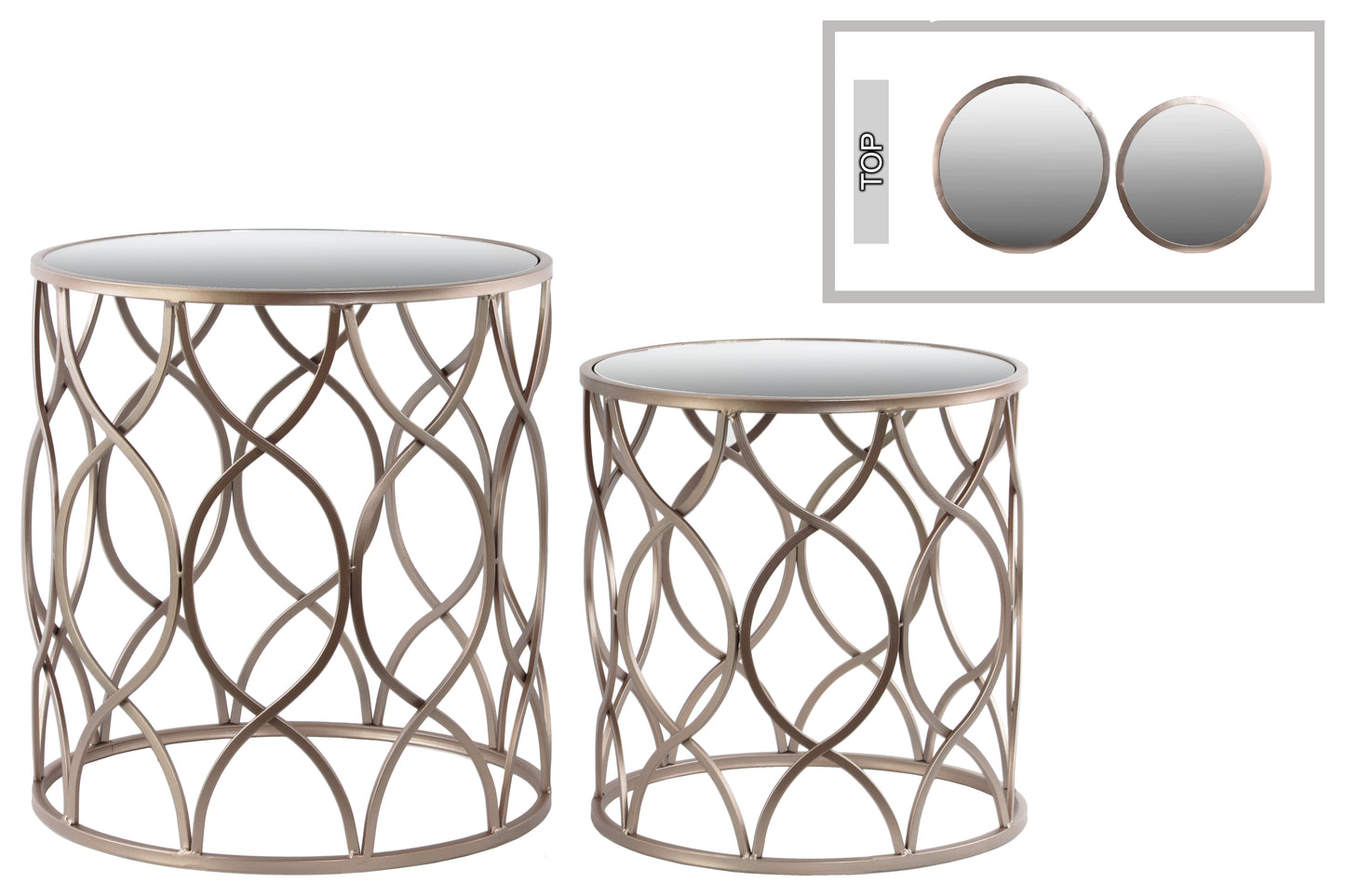 Two round nesting accent tables with a metallic gold finish and mirror tops, featuring an intersecting wave design.