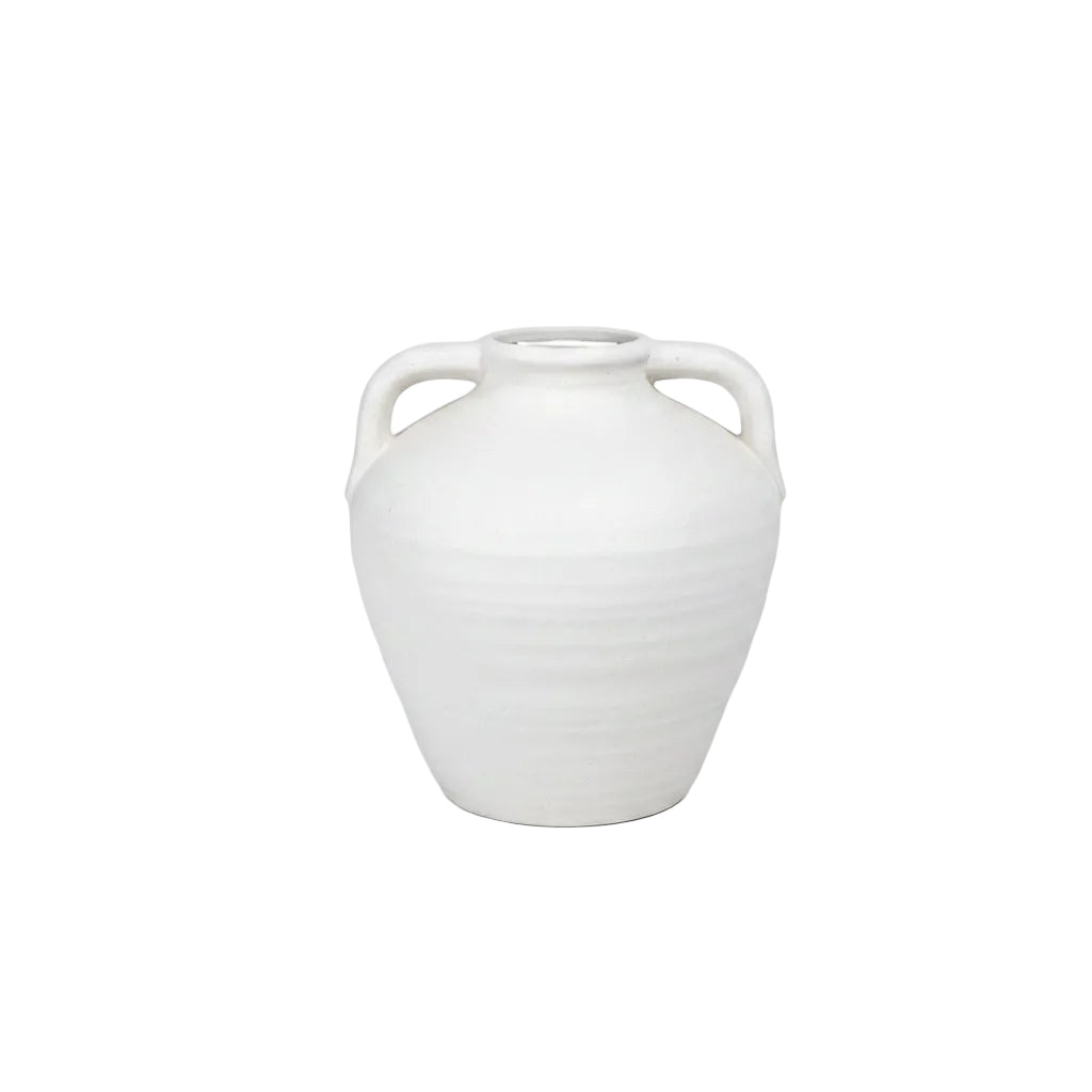 White ceramic vase with handles on a white background