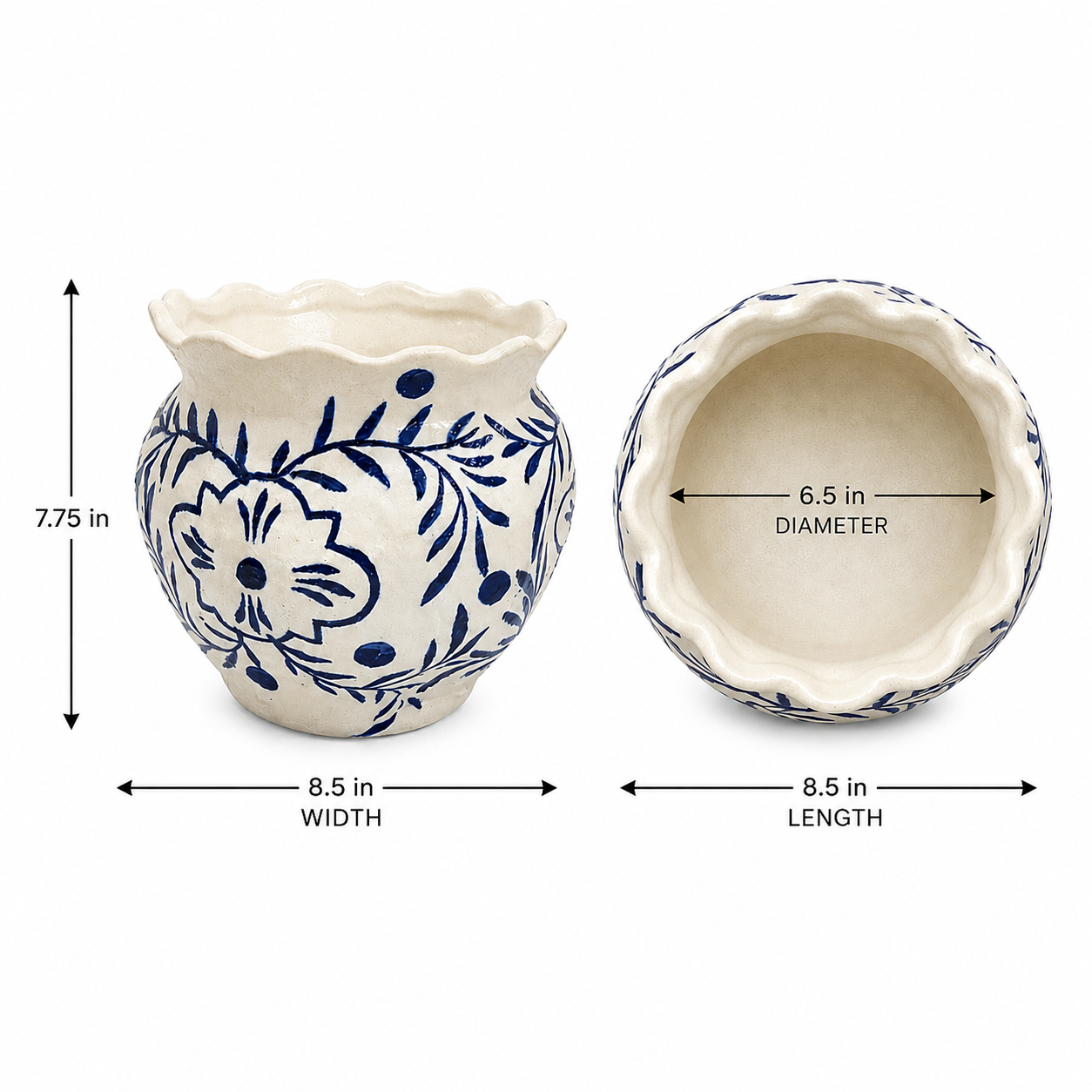 Chloe Chinoiserie Ruffled Rim Ceramic Planter - Large
