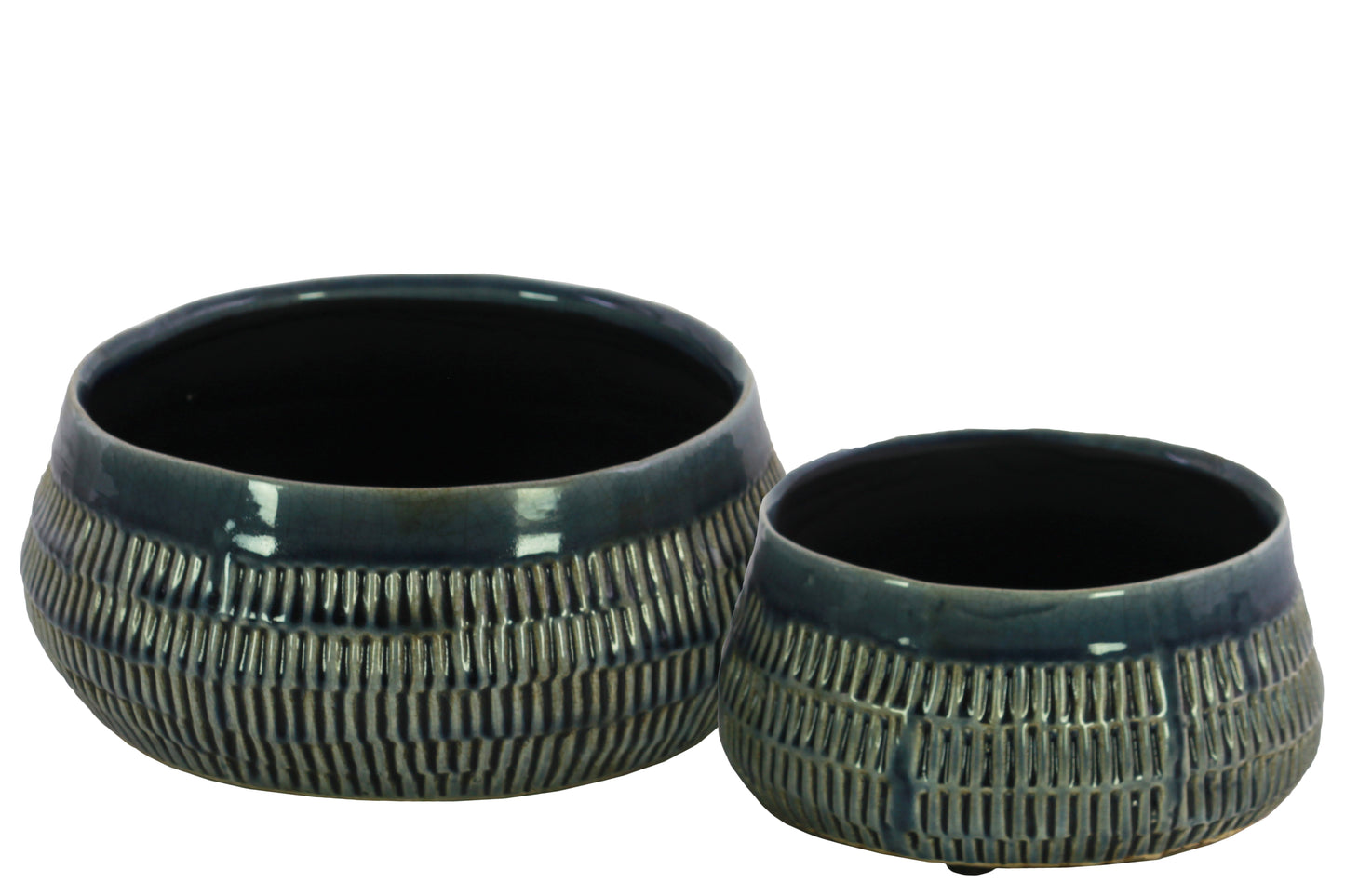 Ceramic Short Bellied Round Vase Set of Two Gloss Finish Blue-4"H