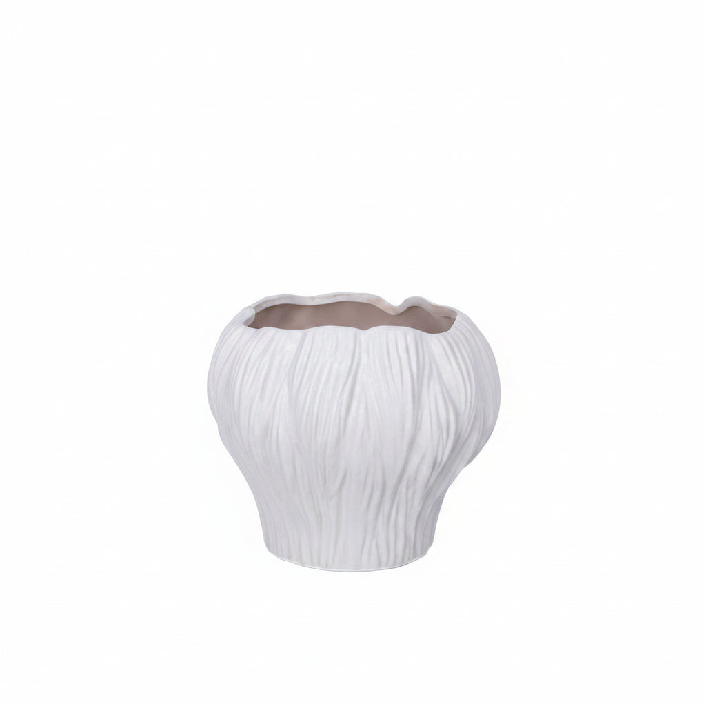 Aliona Bulbous Clay Planter with Wavy Rim & Vertical Ridges