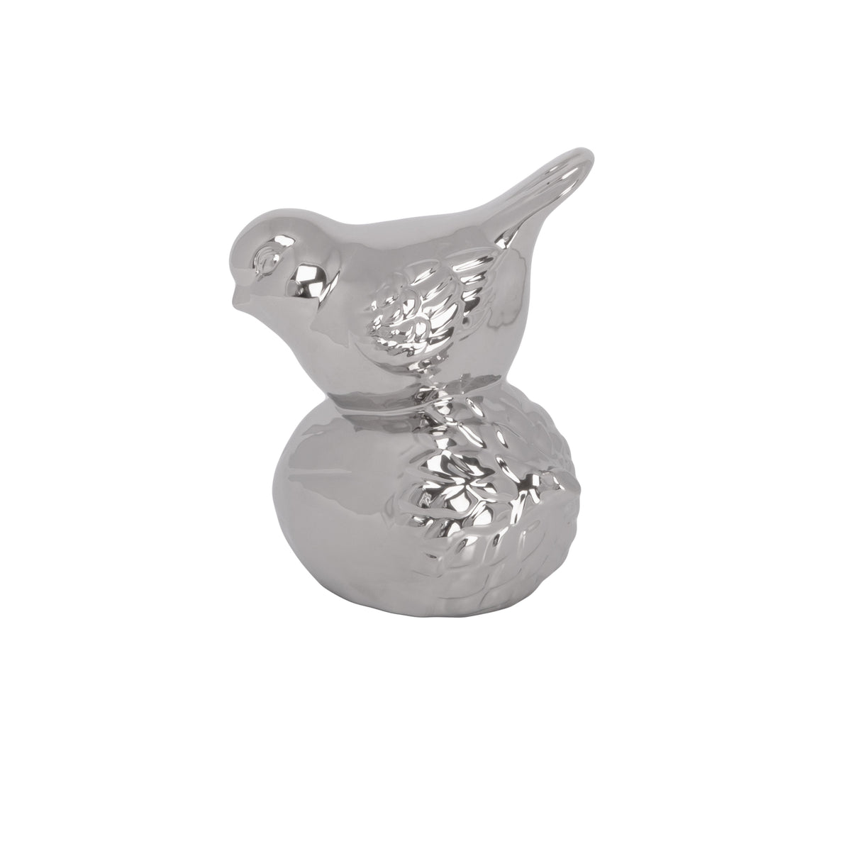 A glossy silver ceramic bird figurine with a smooth finish