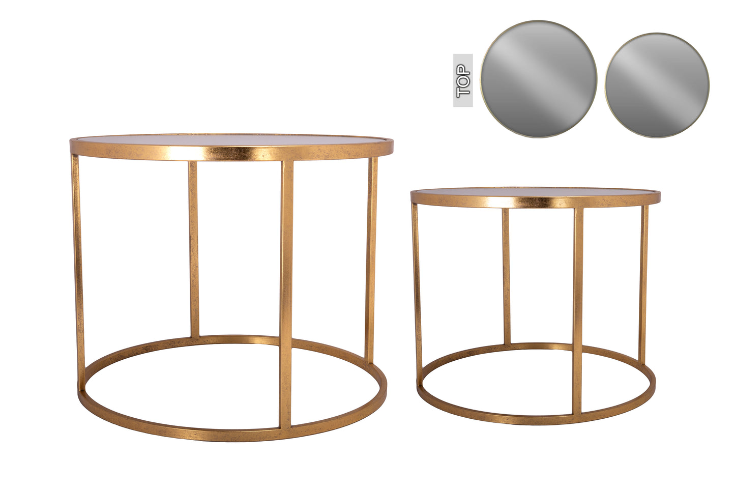 Two round black metal side tables with mirrored tops, part of a furniture set.