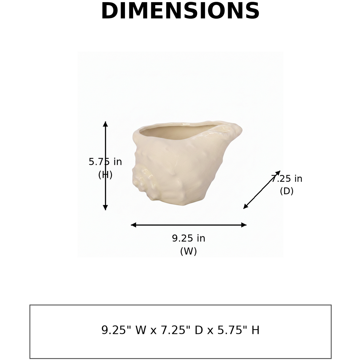 A dimension diagram showing a small beige sculptural planter or vessel with arrows and text indicating measurements: 5.75 in height, 9.