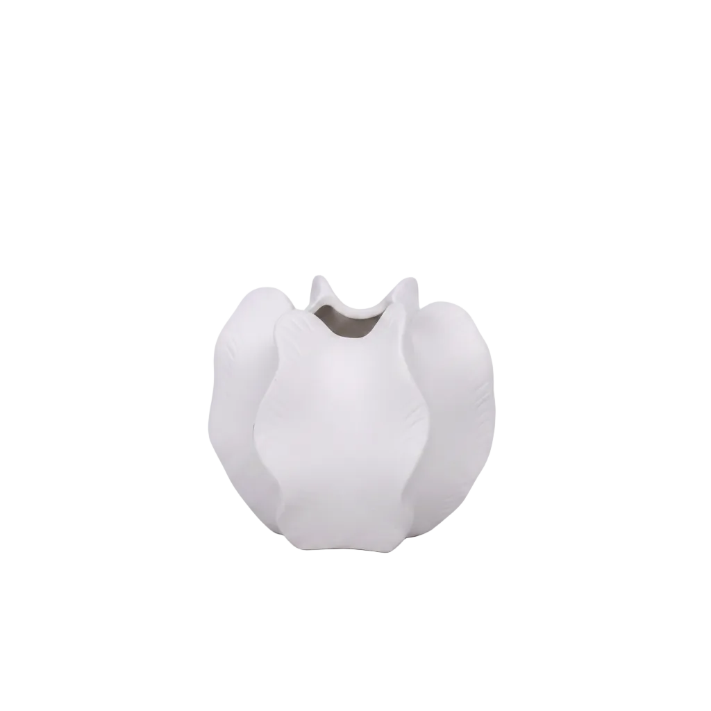 A white ceramic vase with a sculptural, organic shape resembling a flower bud, shown against a plain white background.