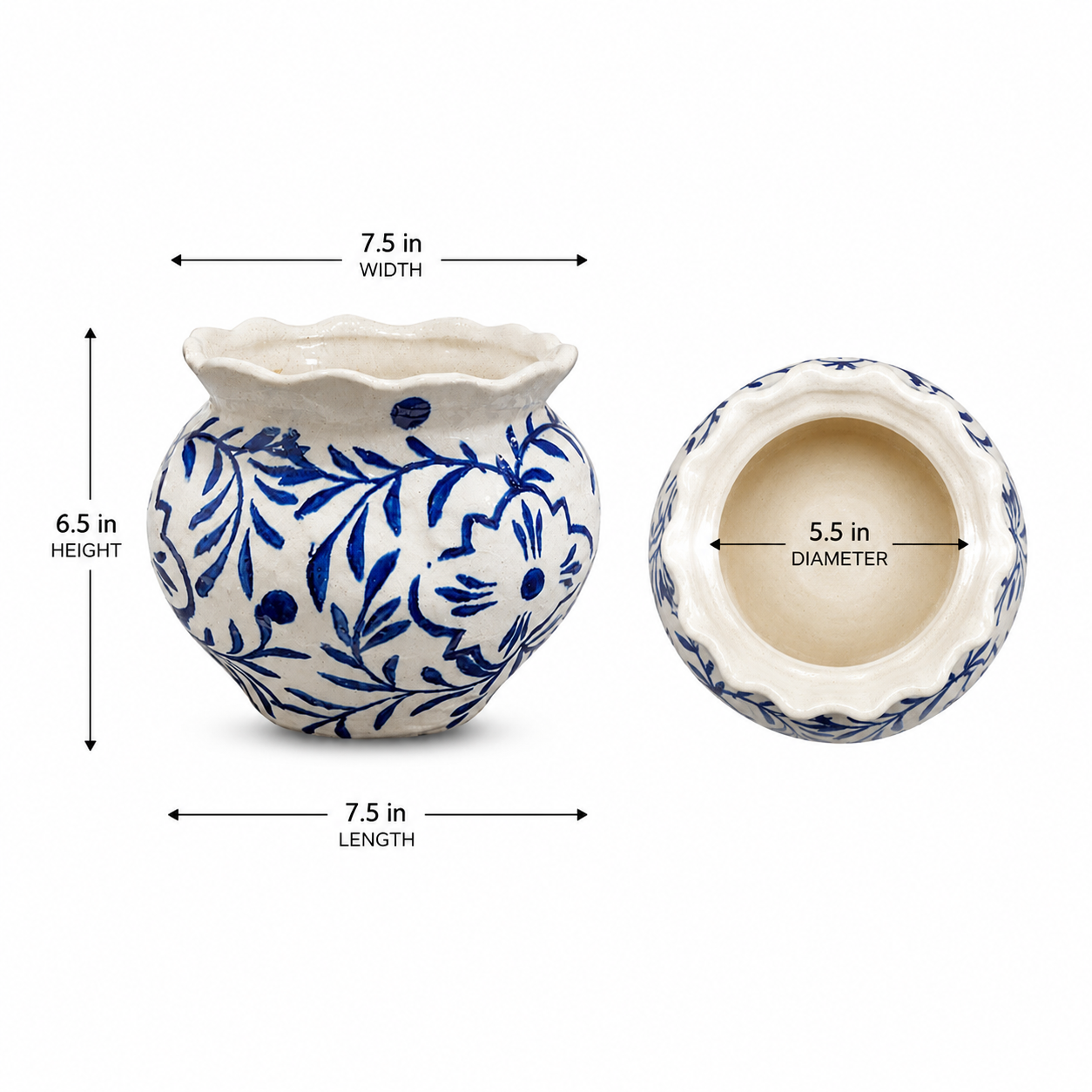 Chloe Chinoiserie Ruffled Rim Ceramic Planter - Small