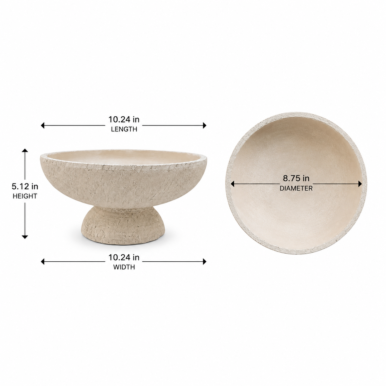 A pedestal bowl shown on a white background with overlaid dimension arrows and text indicating 10.24 in length, 10.