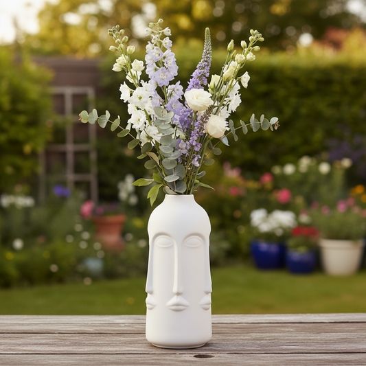 White face-shaped vase with flowers on a wooden table in a garden setting