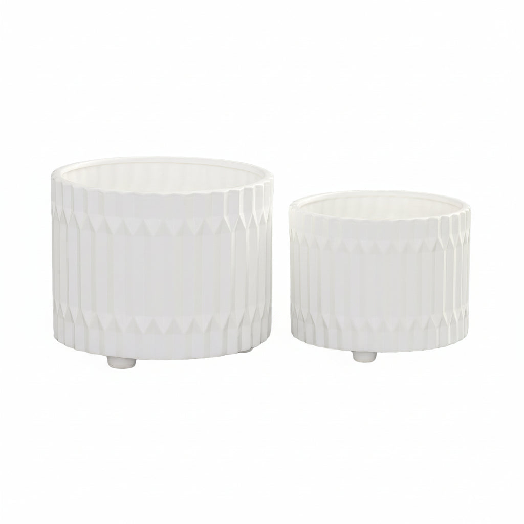 Chiara Ceramic Round Pots with Embossed Geometric Spike Pattern (Set of 2)