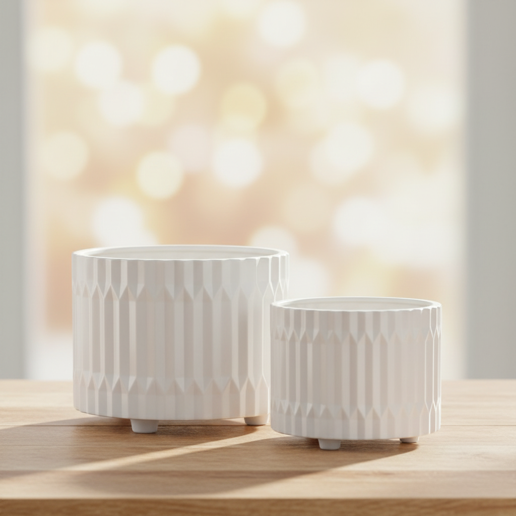 Chiara Ceramic Round Pots with Embossed Geometric Spike Pattern (Set of 2)