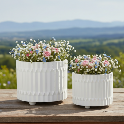 Chiara Ceramic Round Pots with Embossed Geometric Spike Pattern (Set of 2)