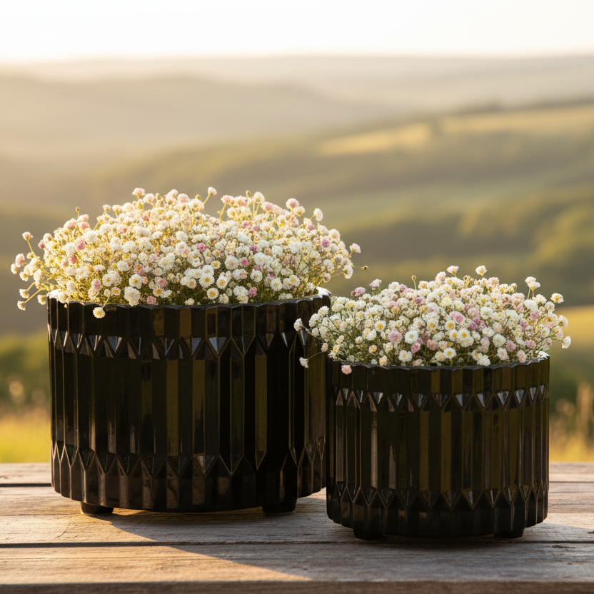 Chiara Ceramic Round Pots with Embossed Geometric Spike Pattern (Set of 2)