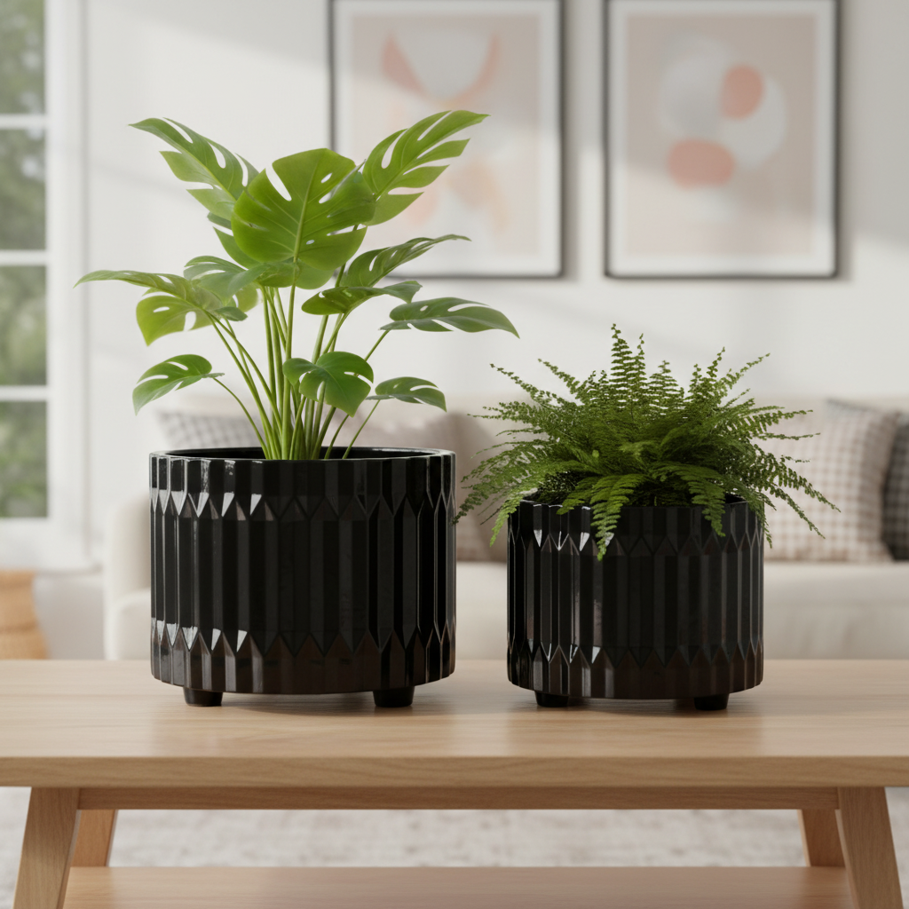 Chiara Ceramic Round Pots with Embossed Geometric Spike Pattern (Set of 2)