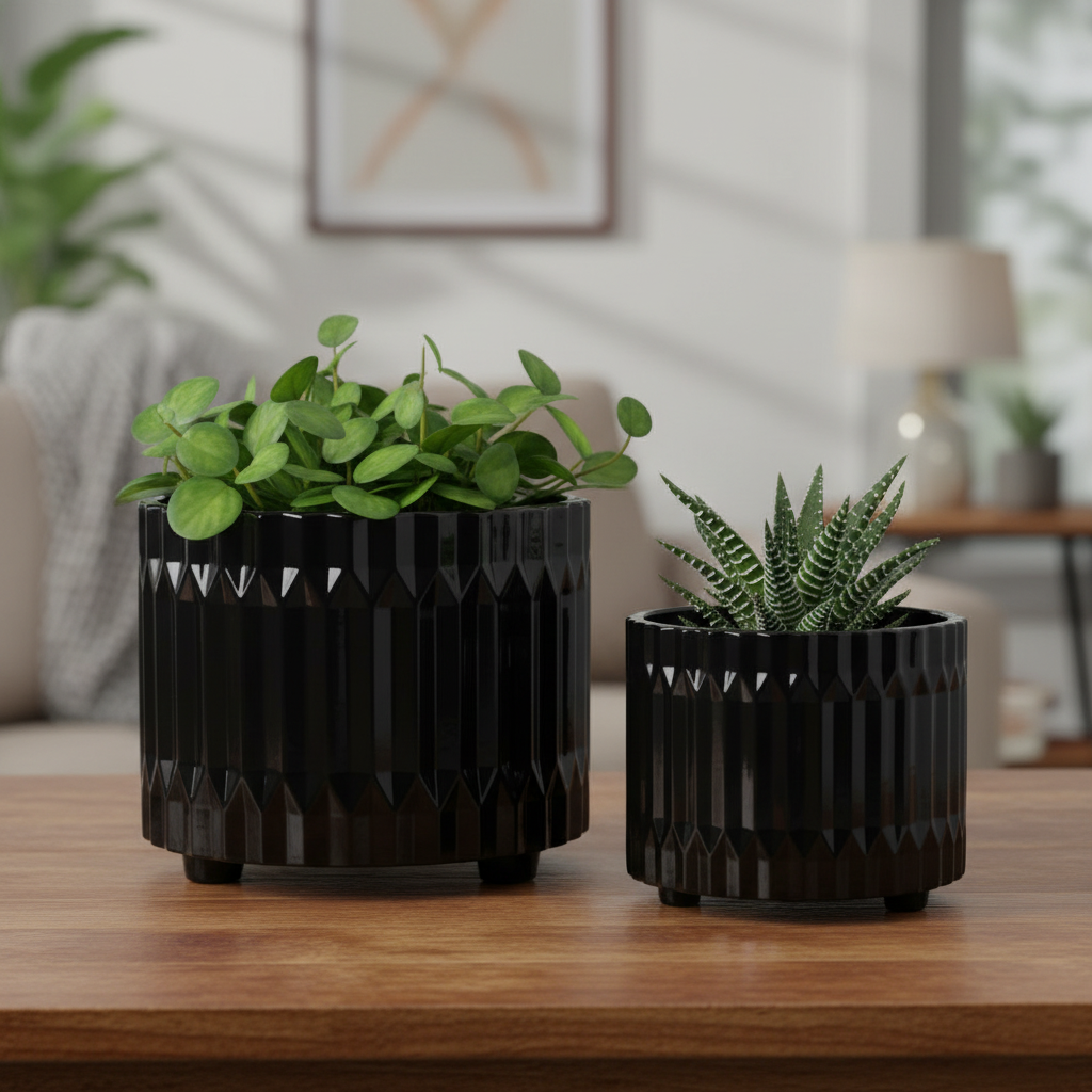 Chiara Ceramic Round Pots with Embossed Geometric Spike Pattern (Set of 2)