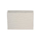 A ceramic wide rectangle vase with a matte finish and embossed wavy pattern design in white color.