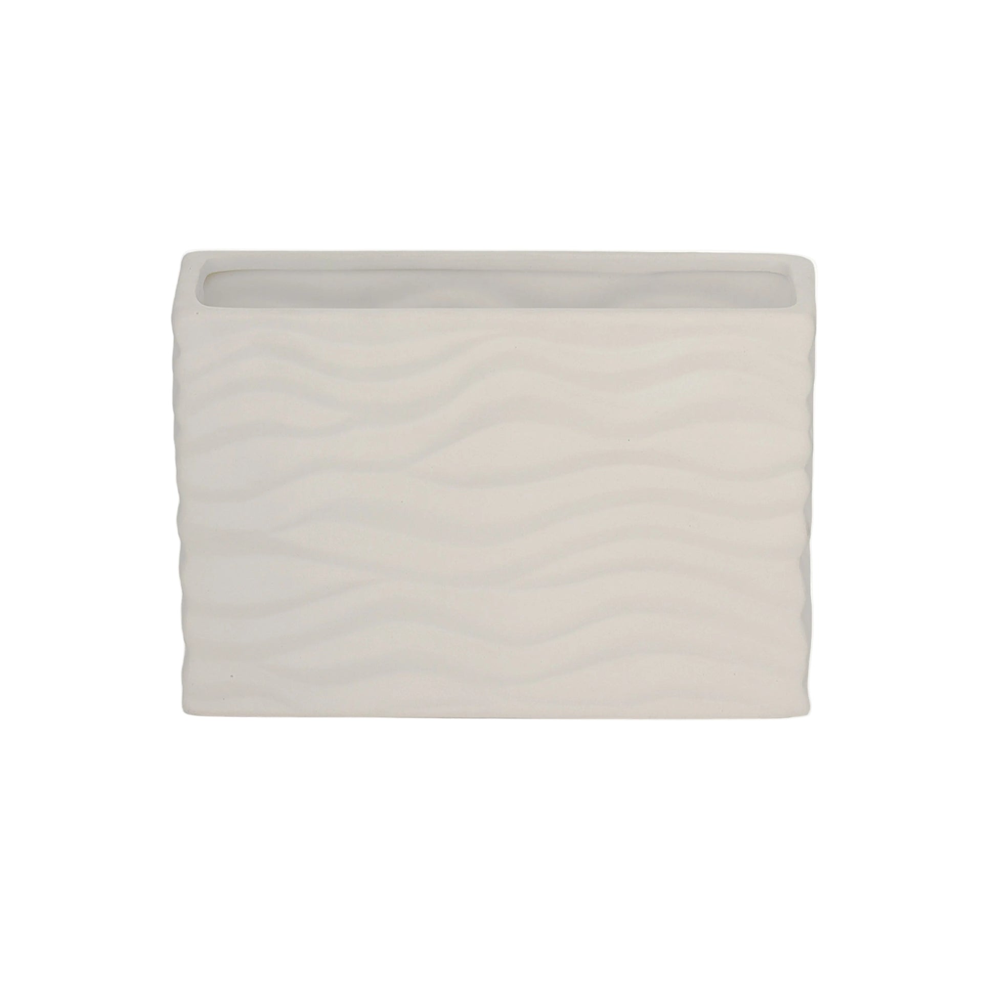 A ceramic wide rectangle vase with a matte finish and embossed wavy pattern design in white color.