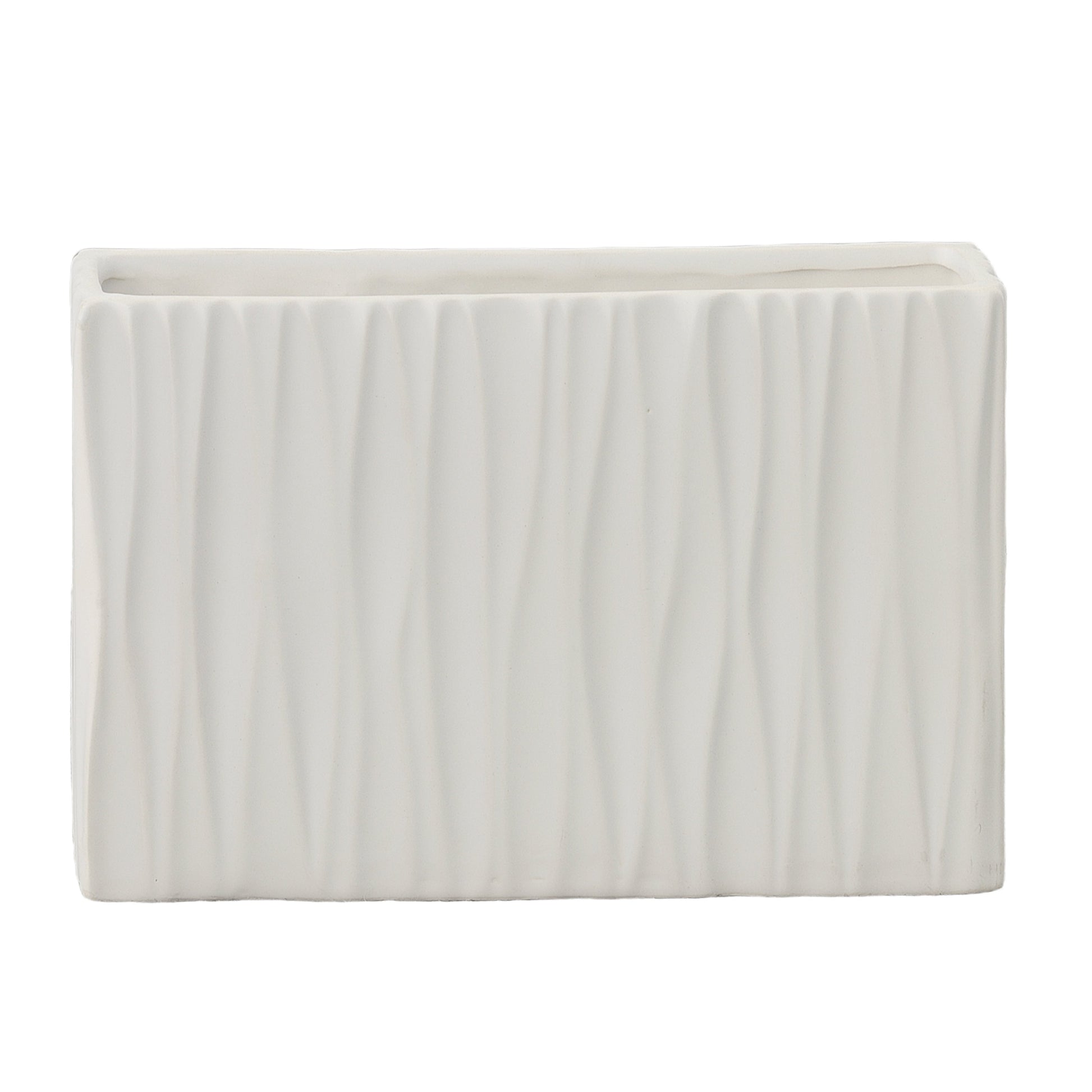 A ceramic wide rectangle vase with a matte finish and embossed wavy pattern design in white color.
