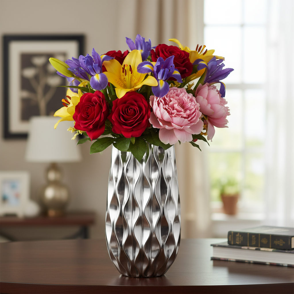 Ariellah Ceramic Round Vase with Embossed Wave Design