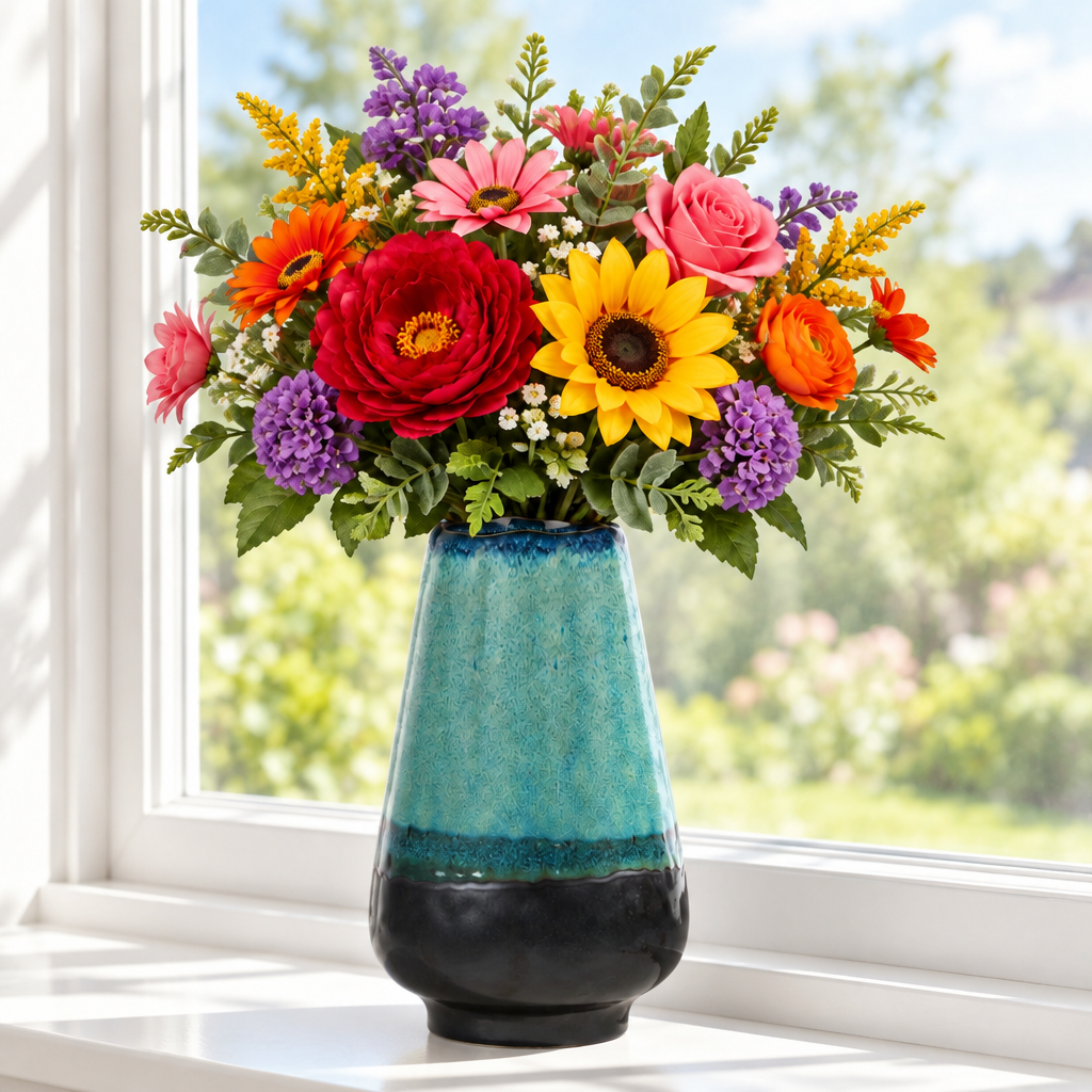 A vibrant artificial flower bouquet in a glossy teal and black ceramic vase, placed on a white windowsill with a blurred garden view in the background.