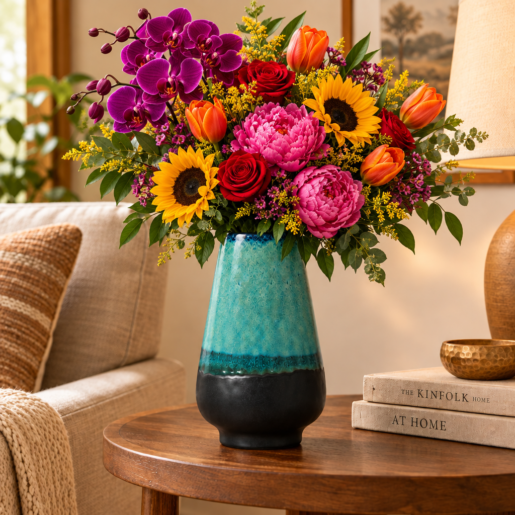 A ceramic vase with a conical shape, featuring a textured teal and turquoise glazed upper half and a matte black glazed lower half, set against a plain white background.