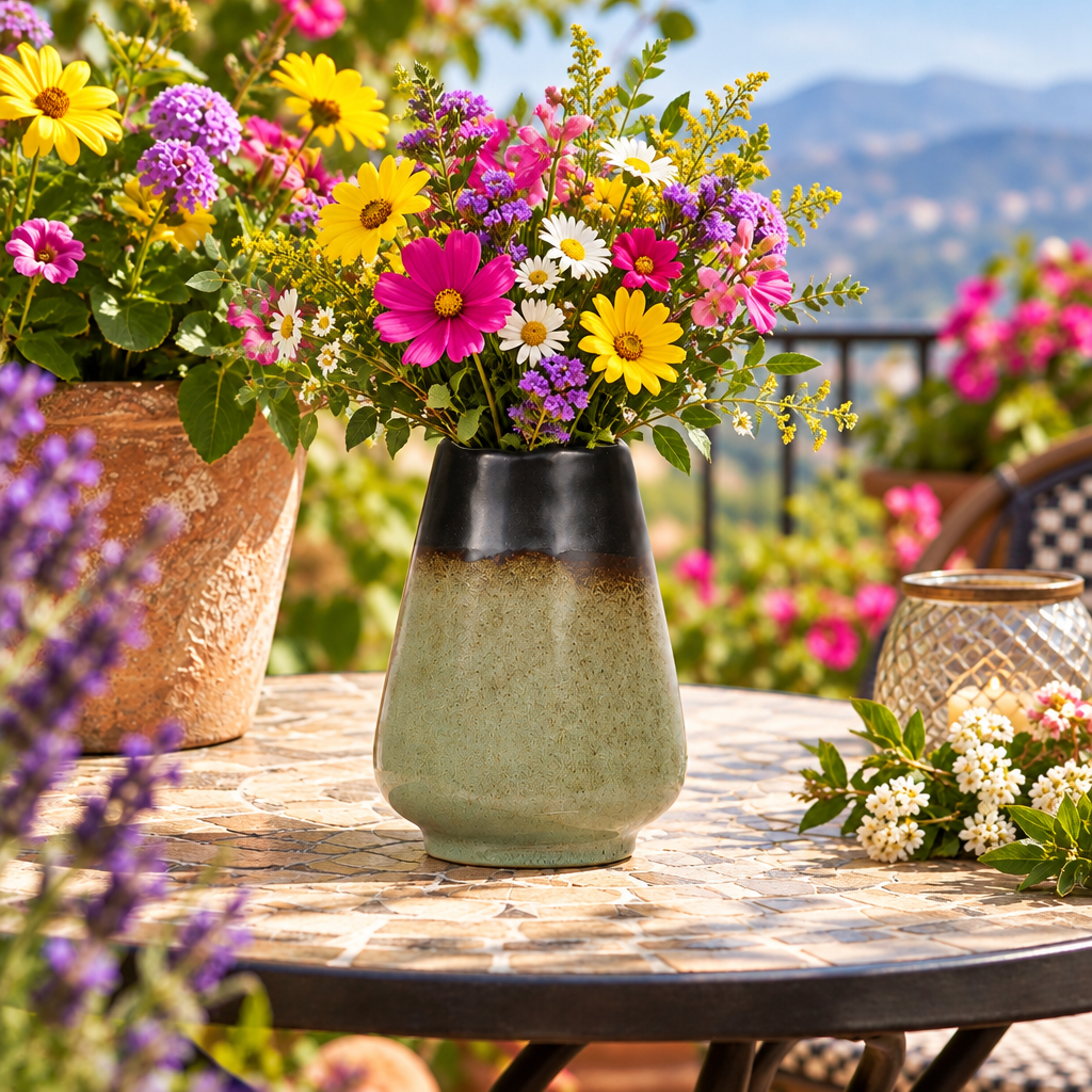 A ceramic vase with a black top and a textured sage green to beige gradient base, filled with a colorful bouquet of yellow, pink, purple, and white flowers, set on a mosaic outdoor patio table with a blurred garden background.