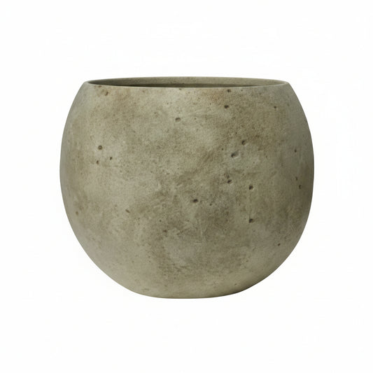 A round, textured concrete planter pot in a light gray-beige color, shown against a plain white background.