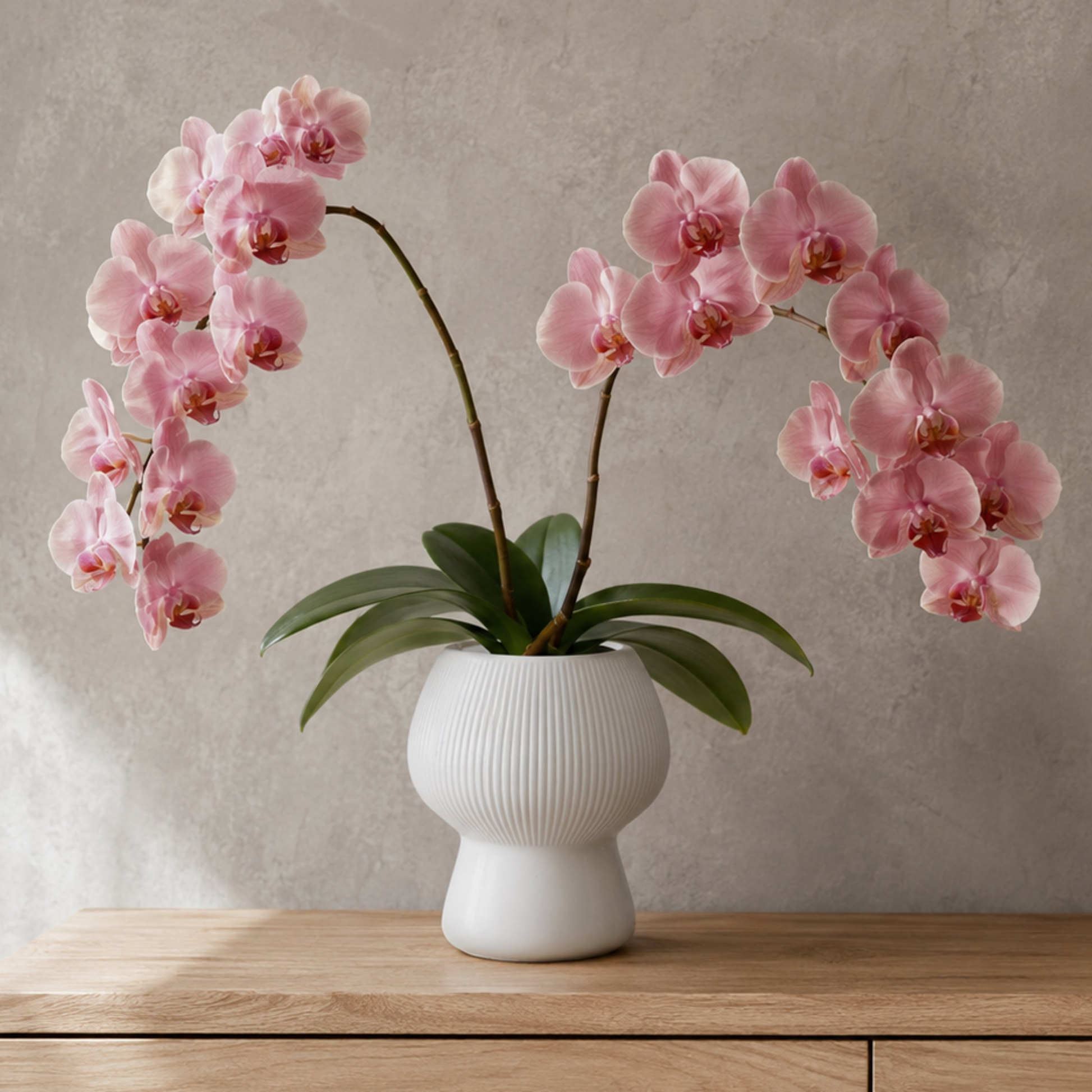 A potted pink Phalaenopsis orchid arrangement in a ribbed white ceramic vase, placed on a light wood surface against a textured gray wall.