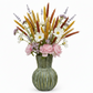 Vase with a bouquet of flowers and dried grasses on a white background
