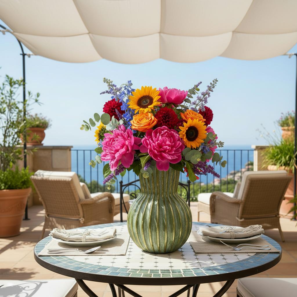 Colorful flower arrangement in a green vase on a table with chairs and an umbrella in the background.