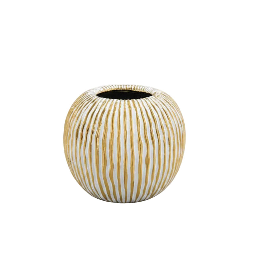 Decorative vase with gold and white striped pattern on a white background