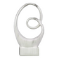 A modern abstract white marble sculpture with a flowing, open spiral design on a rectangular base, set against a solid black background.