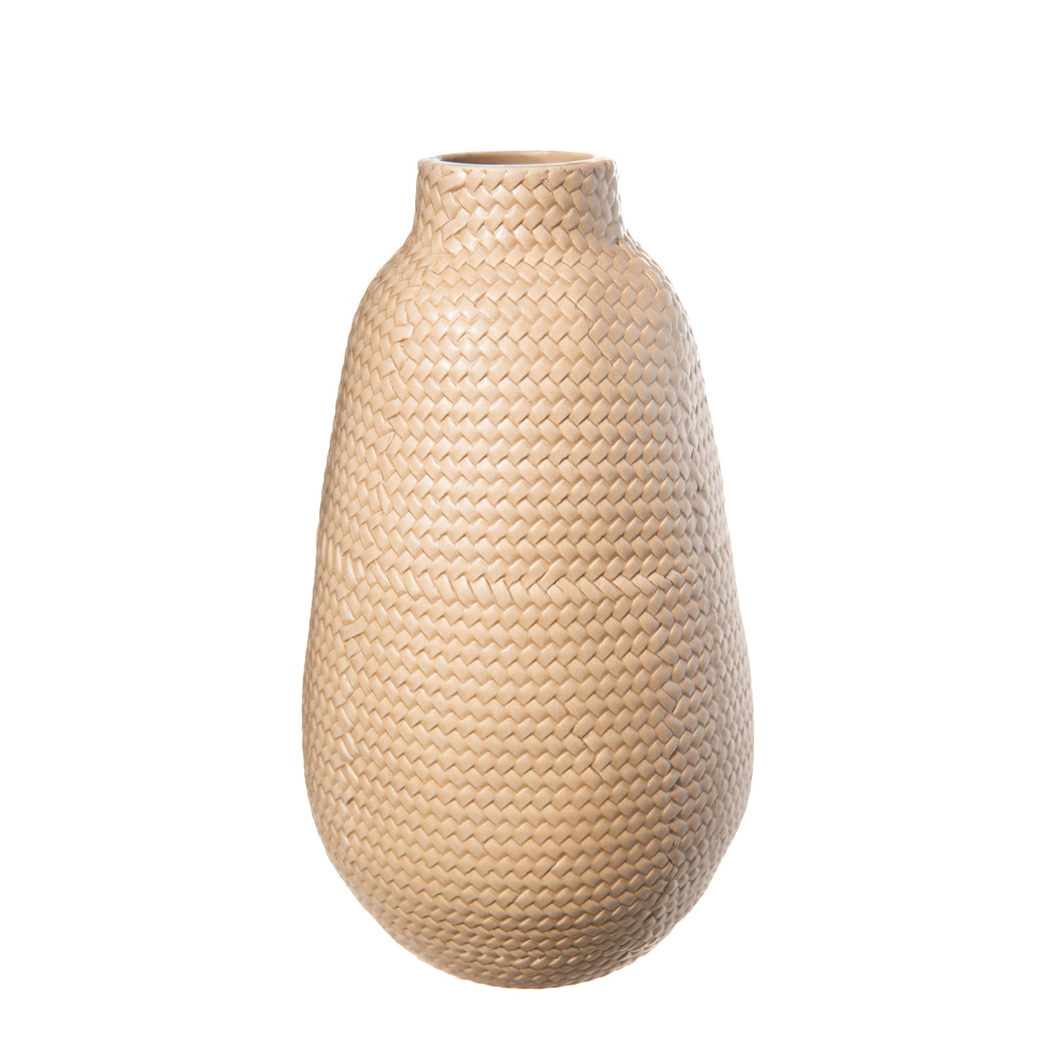 A ceramic tall round bellied vase with a matte finish in brown color, featuring a weaving design on its body.