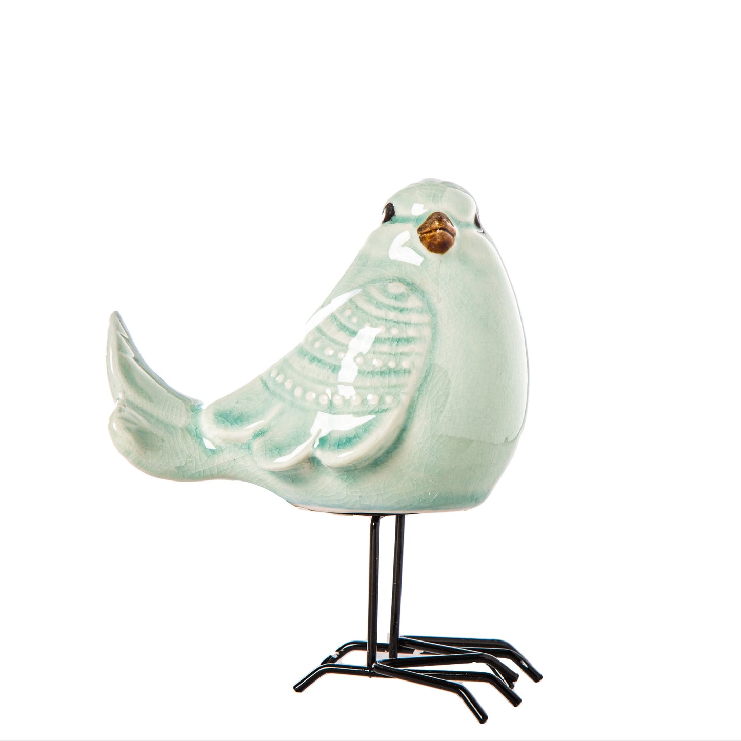 Decorative bird sculpture on a stand with a white background