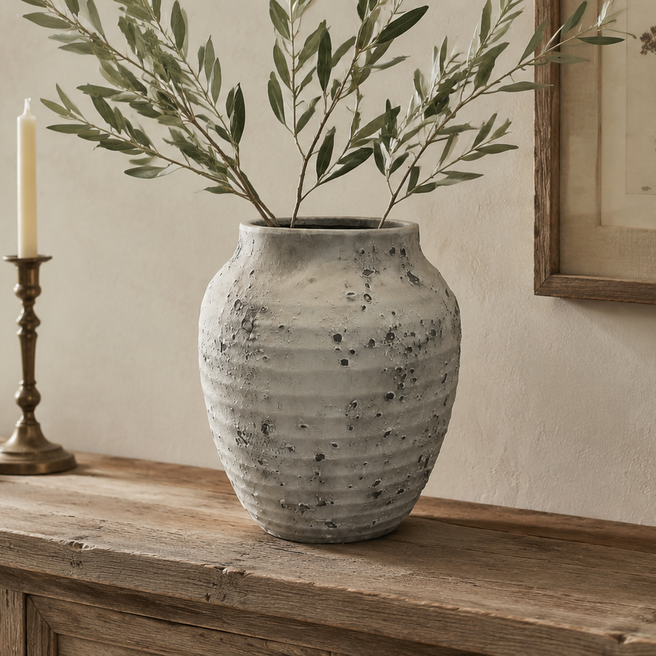 Kira Ribbed Amphora-Style Cement Planter