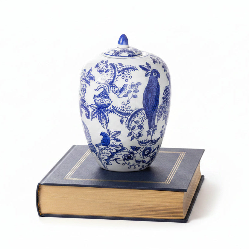 Vicki Blue & White Chinoiserie Ginger Jar with Floral Motif