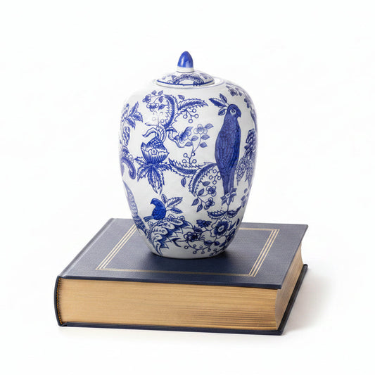 Vicki Blue & White Chinoiserie Ginger Jar with Floral Motif