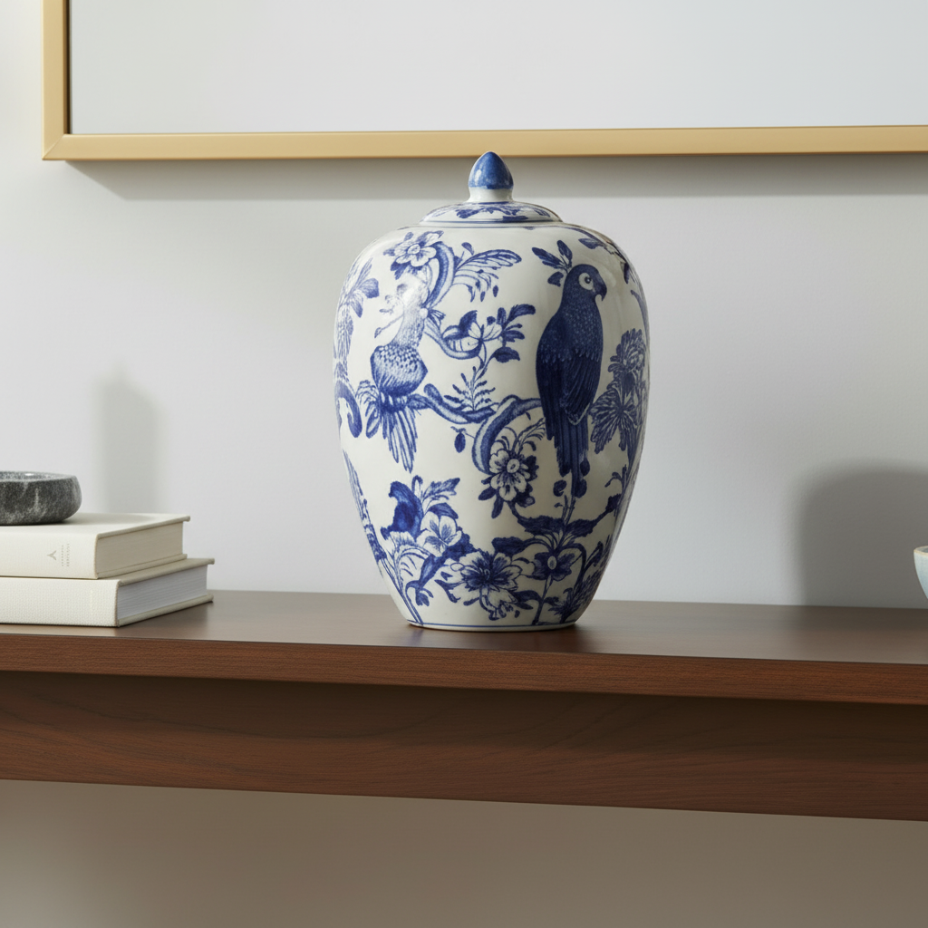 Vicki Blue & White Chinoiserie Ginger Jar with Floral Motif