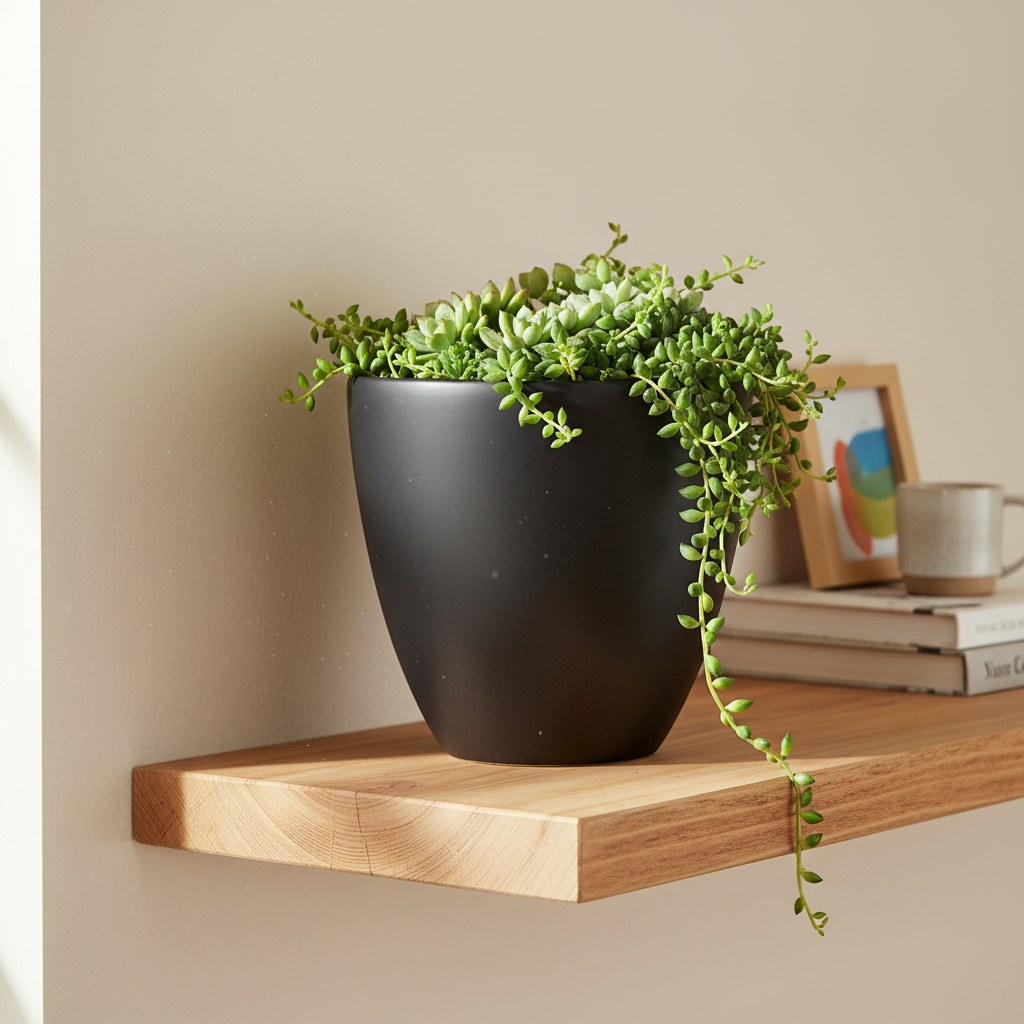 A black matte ceramic planter holding a green trailing succulent plant, displayed on a light wood floating shelf against a warm beige wall.