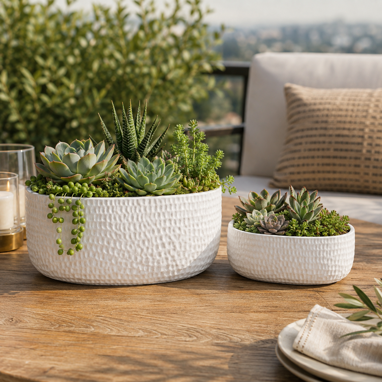 Licha Textured Ceramic Low Oval Planter Set (Set of 2)