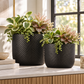 Two black textured planter pots filled with green and variegated houseplants, displayed on a light stone countertop near a window.