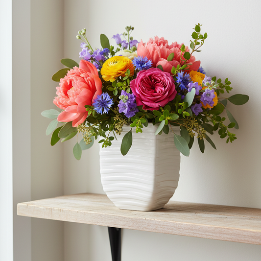 A vibrant floral arrangement in a textured white ceramic vase, displayed on a light wood shelf against a neutral off-white wall.